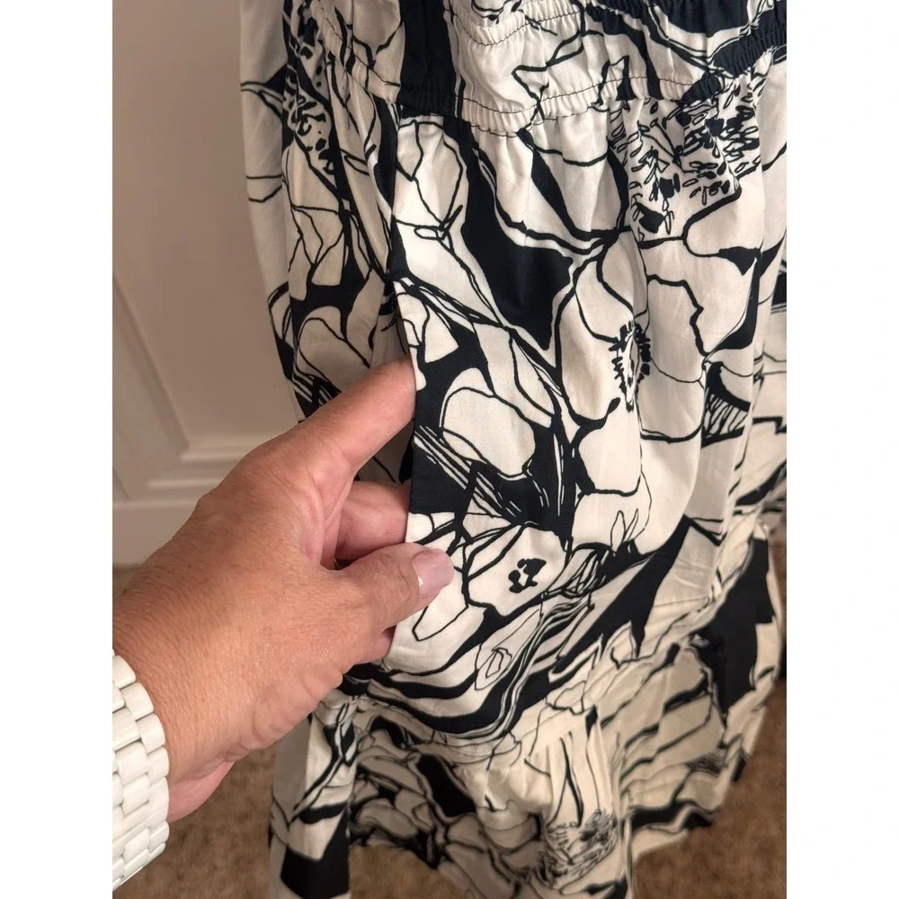 Anthropologie Somerset Dress Black White Floral Smocked Petite XL P Cotton Mini - Picture 5 of 8